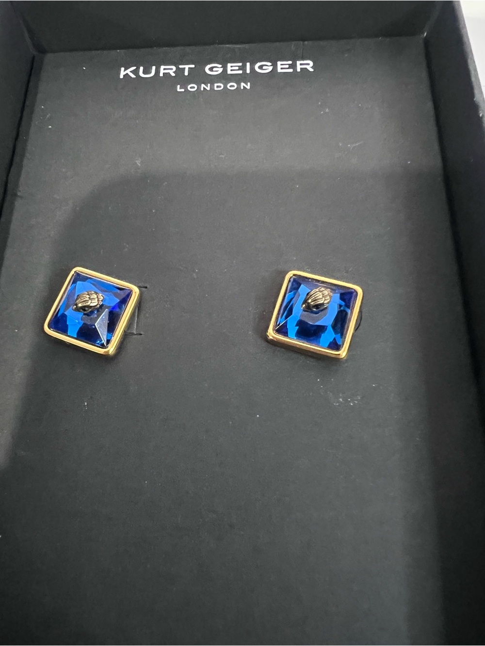 Kurt Geiger Royal Blue Square Crystal Studs with Gold Trim